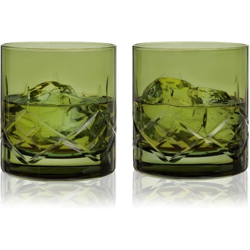 Viski Admiral Cut Crystal Rocks Glasses in Green Set of 2
