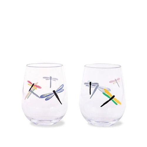 KSNY Acrylic Stemless Wine Glass Set, Dragonfly Flight