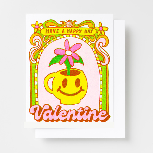 Risograph Card - Have a Happy Valentines Day Smiley Face Plant