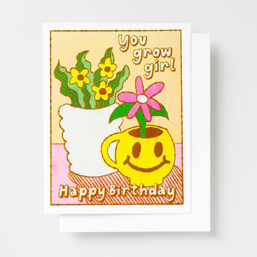 Risograph Card - HBD You Grow Girl Smiley Face Plant